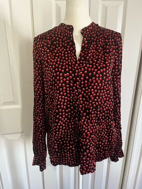 L'AGENCE Black Top with Red and White Dot Print 100% Silk Extra Small